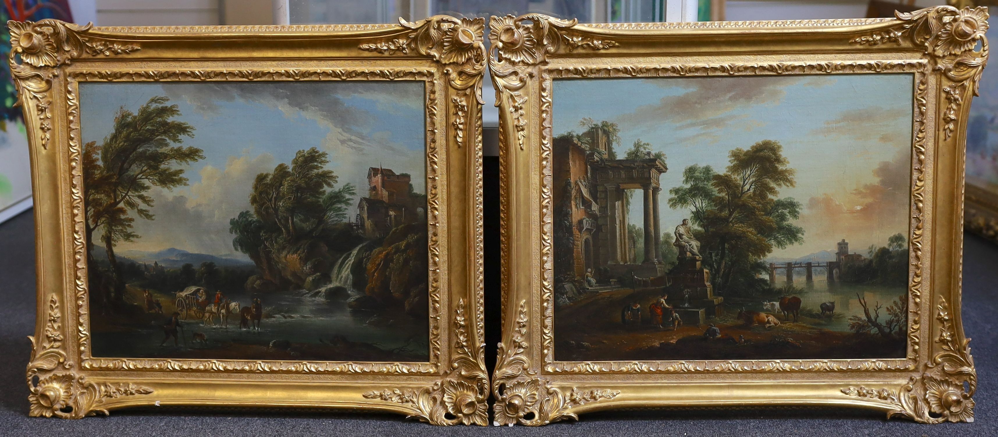 Jean Baptiste Lallemand (French, 1716-1808), Travellers in Italianate landscapes with classical ruins and a watermill, oil on canvas, a pair, 40 x 50cm